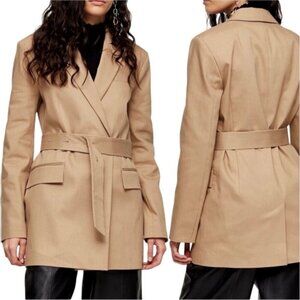 Topshop Farrah Belted Long Blazer Oversized Boyfriend Office Preppy NWOT 6